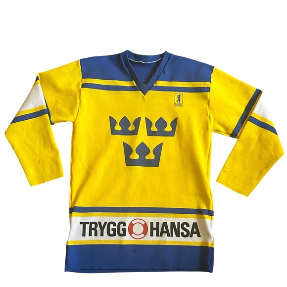Vintage TIBAS Sweden Hockey Jersey Three Crowns‎ Trygg Hansa Yellow Blue